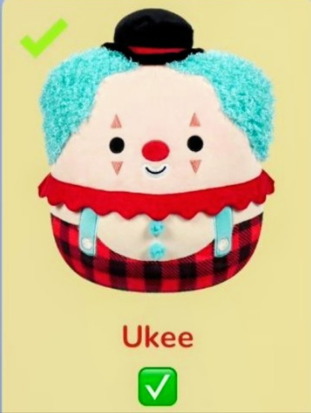 Ukee Plush Clown Squishmallow – Red, Black & Aqua 12 inches NWT